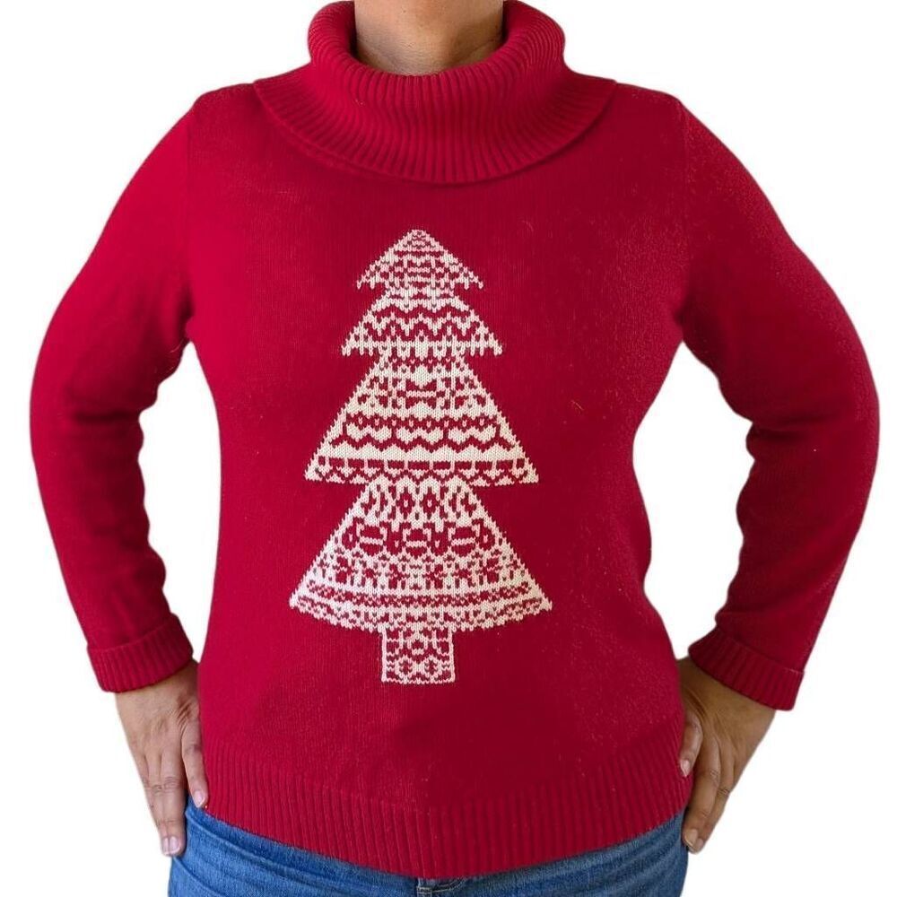 Talbot Velvet Red White Christmas Tree Oversized Turtle Cowl Neck Sweater Size L